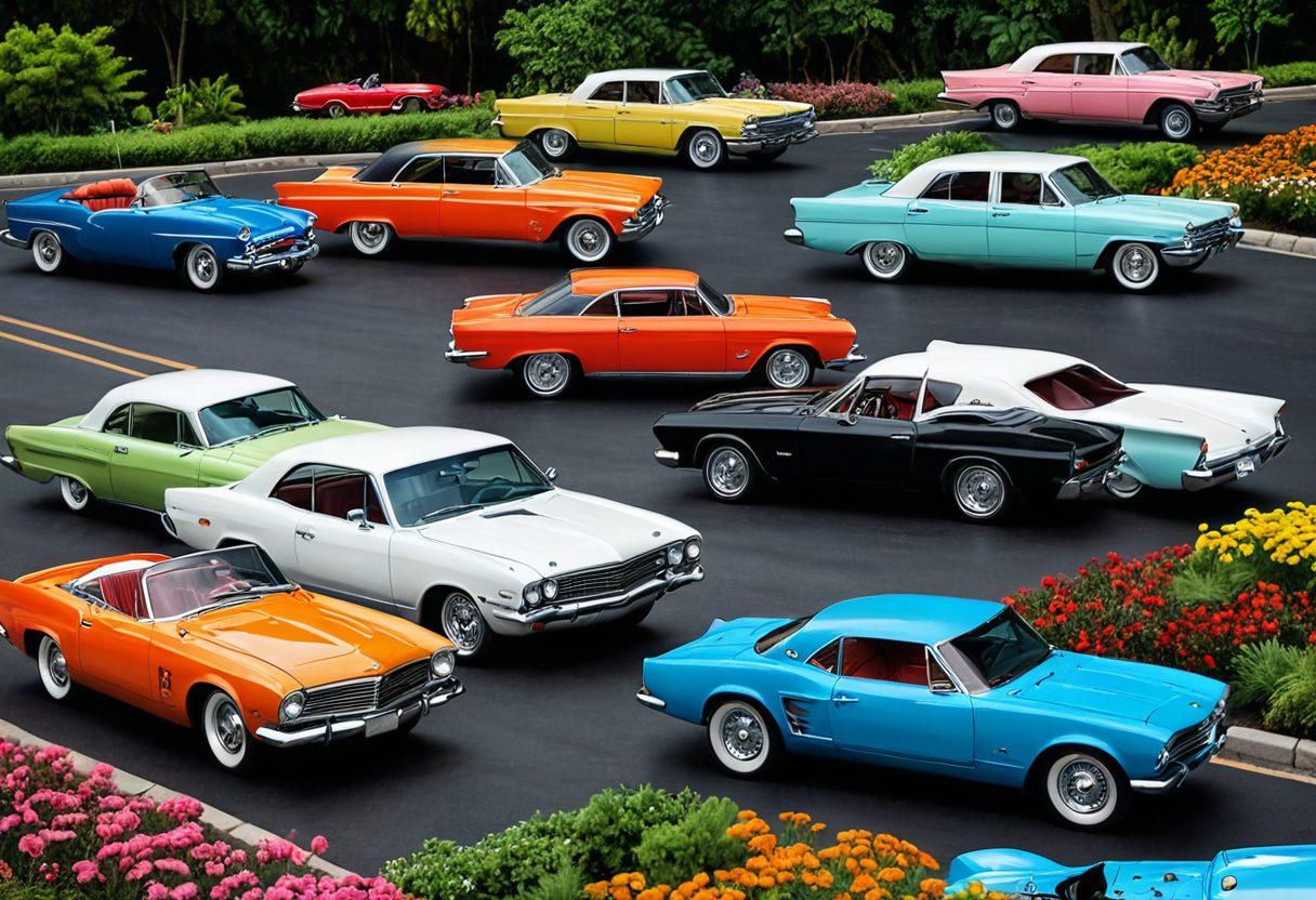 A visually striking illustration of a diverse range of unique vehicles, including a vintage car, a customized motorcycle, and an electric scooter, all showcased on a vibrant road with scenic nature in the background. Each vehicle features distinct design elements representing different styles and needs, conveying a sense of personalization and individuality. Include embellishments like insurance documents or coverage symbols hovering around the vehicles to symbolize tailored coverage options. super-realistic. vibrant colors. dynamic composition.