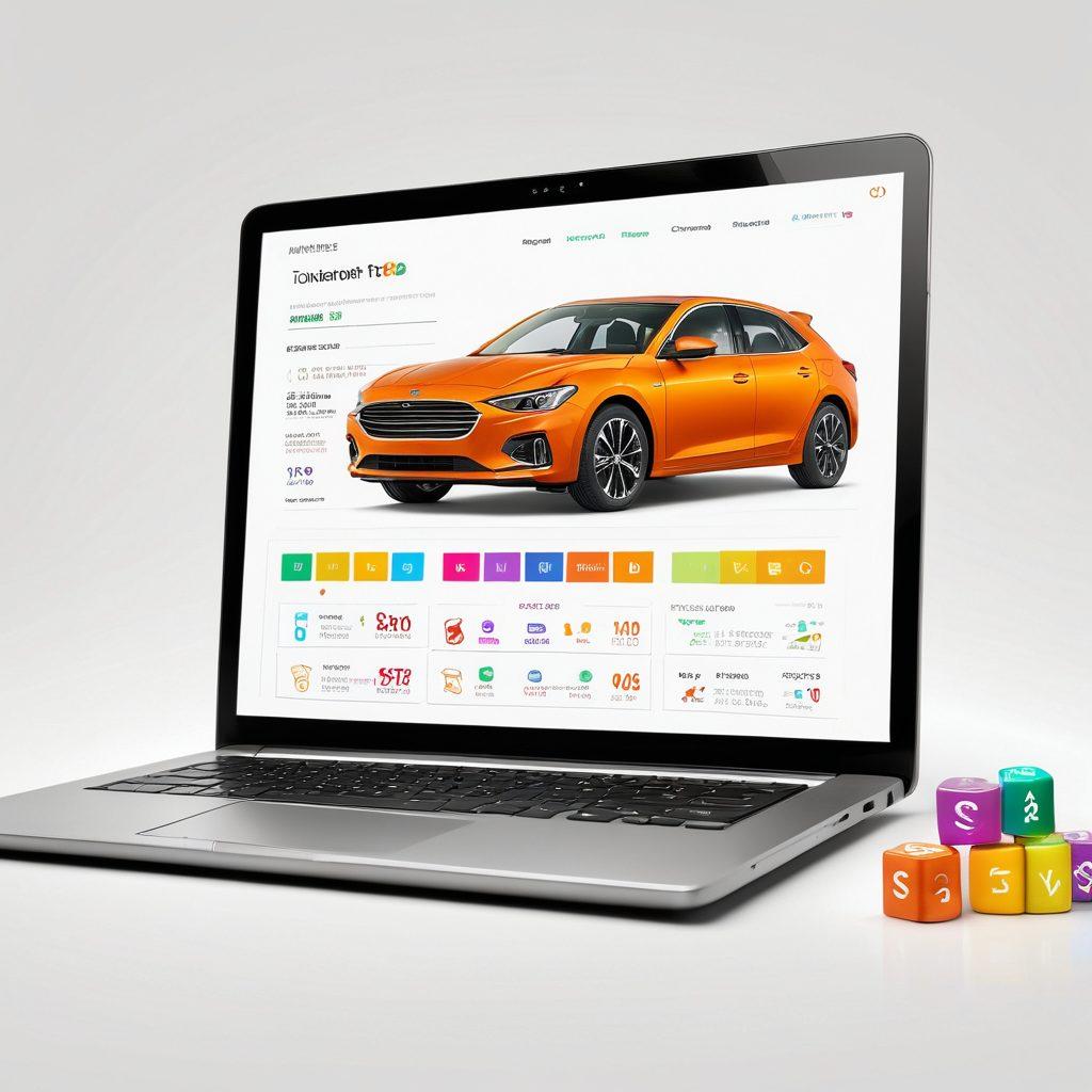 A visually striking laptop screen displaying various car insurance deals with vibrant price tags and icons of car models. A hand is reaching out to click on the best deal, surrounded by dollar signs and a colorful background symbolizing savings and affordability. Include elements like a calculator and charts showing price comparisons in the corners. super-realistic. vibrant colors. white background.