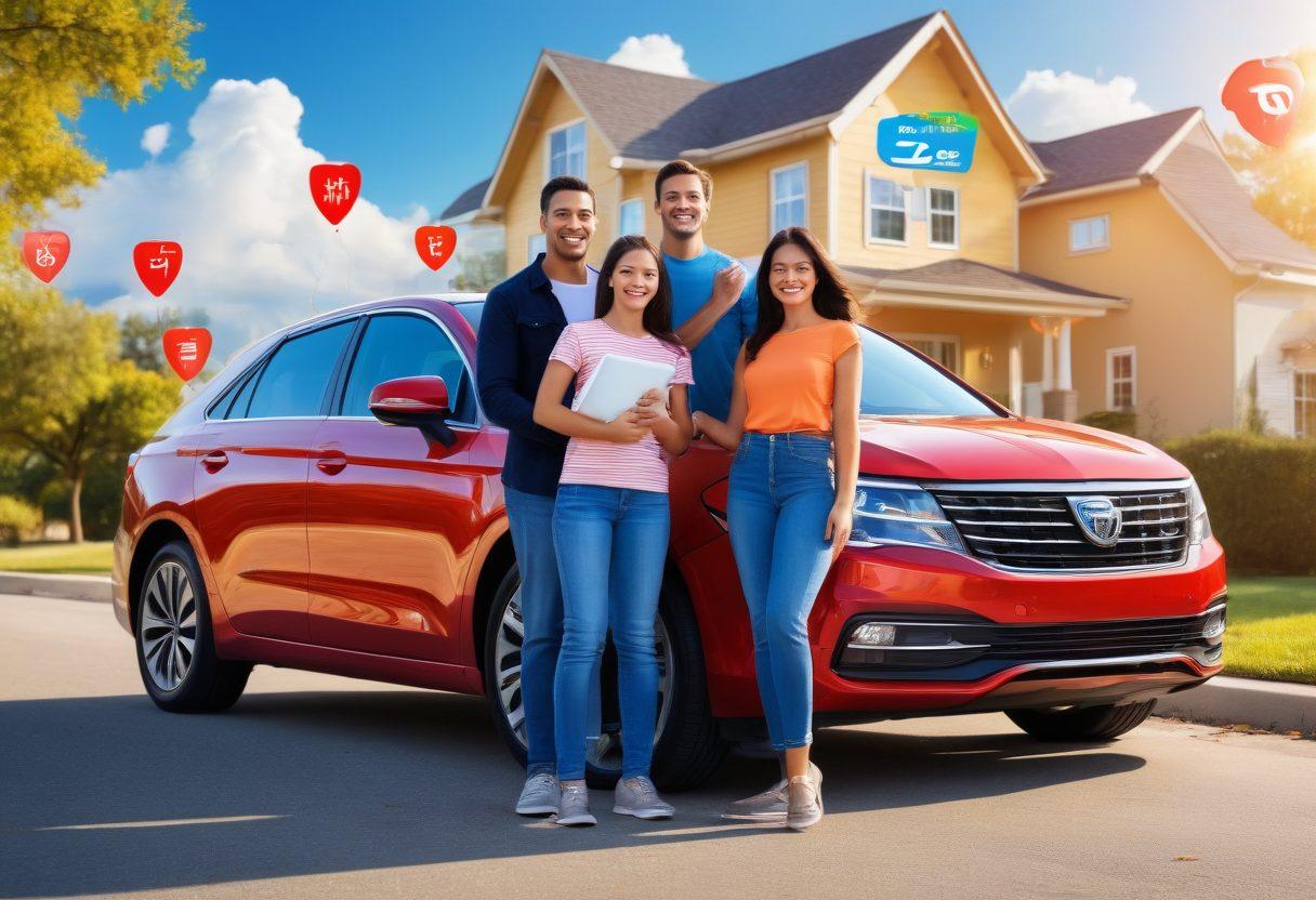 A dynamic scene featuring a happy family standing beside their shiny car, surrounded by glowing discount tags and auto protection shield icons. The background shows a vibrant landscape with a blue sky, symbolizing freedom and savings. The focus is on the joy of savings and the benefits of auto protection, reflecting trust and security. super-realistic. vibrant colors. bright background.